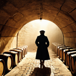 **Prompt 1: Mystical Tunnel Passage**
    A cinematic, atmospheric photo inside the Qingdao Wine Tunnel. A solitary figure, viewed from behind, clad in a vintage-style trench coat and beret, walks deeper into the arched, brick-lined tunnel. Dramatic backlighting from a warm, distant lamp creates visible dust motes dancing in the light beams, casting long shadows. Strong light-shadow contrast emphasizes the tunnel's deep perspective and the figure's mysterious silhouette. Subtle details of old wine barrels and dappled light on the walls. Vintage film aesthetic, moody, high detail, 35mm photography, warm golden hour tones.
