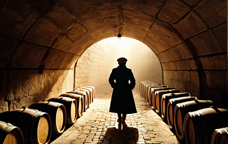 **Prompt 1: Mystical Tunnel Passage**
    A cinematic, atmospheric photo inside the Qingdao Wine Tunnel. A solitary figure, viewed from behind, clad in a vintage-style trench coat and beret, walks deeper into the arched, brick-lined tunnel. Dramatic backlighting from a warm, distant lamp creates visible dust motes dancing in the light beams, casting long shadows. Strong light-shadow contrast emphasizes the tunnel's deep perspective and the figure's mysterious silhouette. Subtle details of old wine barrels and dappled light on the walls. Vintage film aesthetic, moody, high detail, 35mm photography, warm golden hour tones.