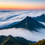 A grand panoramic vista of the Balwangsan mountain peak at dawn, overlooking an immense sea of clouds. The early morning sun casts golden and amber hues across the rolling, ethereal cloud formations that fill the valleys below, with majestic mountain ridges subtly emerging. The sky above is a gradient of soft blues, oranges, and pinks. Professional landscape photography, captured with a wide-angle lens, high dynamic range, crisp focus, vibrant colors, stunning detail, safe for work, appropriate content, fully clothed, modest, perfect anatomy, natural body proportions.