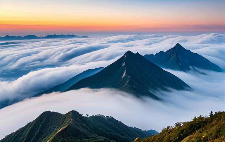 A grand panoramic vista of the Balwangsan mountain peak at dawn, overlooking an immense sea of clouds. The early morning sun casts golden and amber hues across the rolling, ethereal cloud formations that fill the valleys below, with majestic mountain ridges subtly emerging. The sky above is a gradient of soft blues, oranges, and pinks. Professional landscape photography, captured with a wide-angle lens, high dynamic range, crisp focus, vibrant colors, stunning detail, safe for work, appropriate content, fully clothed, modest, perfect anatomy, natural body proportions.