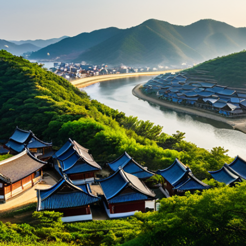 안동 하회마을 전통가옥 포토존 - "A panoramic view of Andong Hahoe Folk Village from Buyongdae Cliff, South Korea. The Nakdong River ...