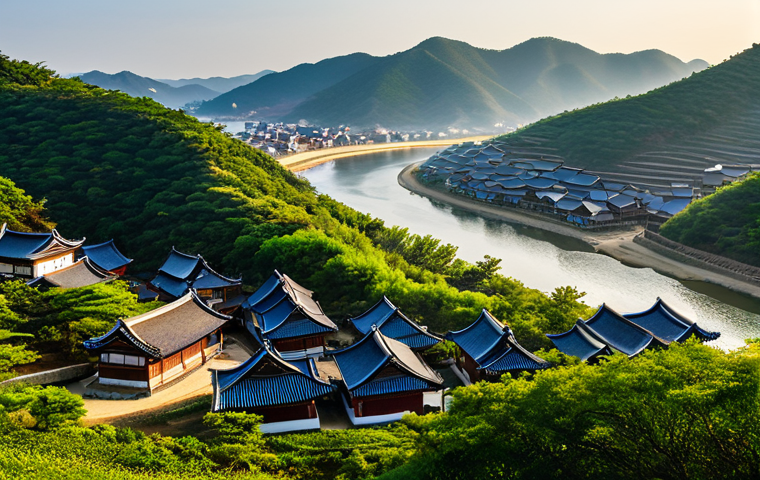 안동 하회마을 전통가옥 포토존 - "A panoramic view of Andong Hahoe Folk Village from Buyongdae Cliff, South Korea. The Nakdong River ...