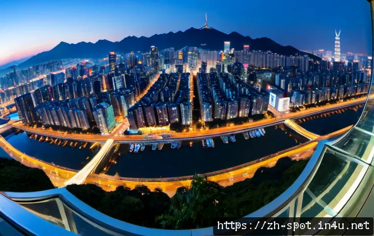 서울 N타워 전망대 뷰 - Photorealistic panoramic view from a high Seoul observation deck at blue hour, sweeping city skyline...